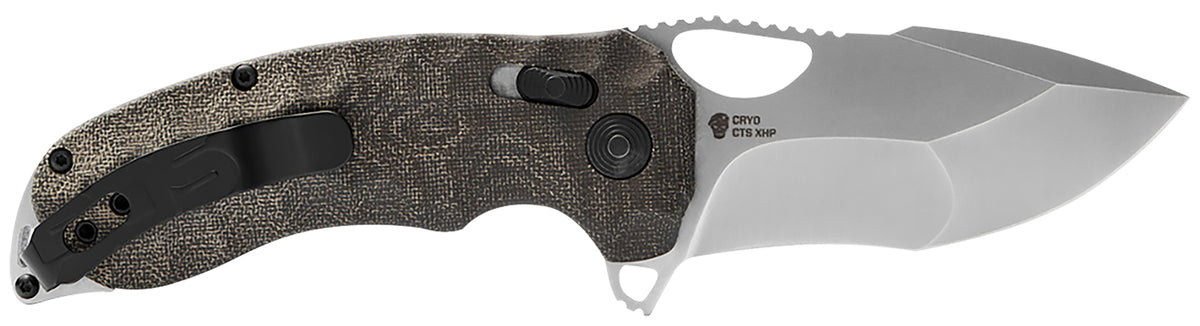 SOG Kiku XR 3.03" Plain Satin Tanto Folding Knife CTS XHP Steel Blade Deep Textured Green Linen Micarta Handle Includes Belt Clip