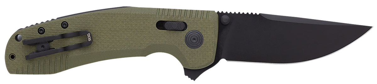 SOG SOG-TAC XR 3.39" Plain Clip Point Folding Knife Black TiNi Cryo D2 Steel Blade OD Green G10 Handle Includes Pocket Clip