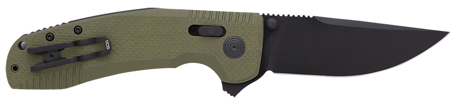 SOG SOG-TAC XR 3.39" Plain Clip Point Folding Knife Black TiNi Cryo D2 Steel Blade OD Green G10 Handle Includes Pocket Clip