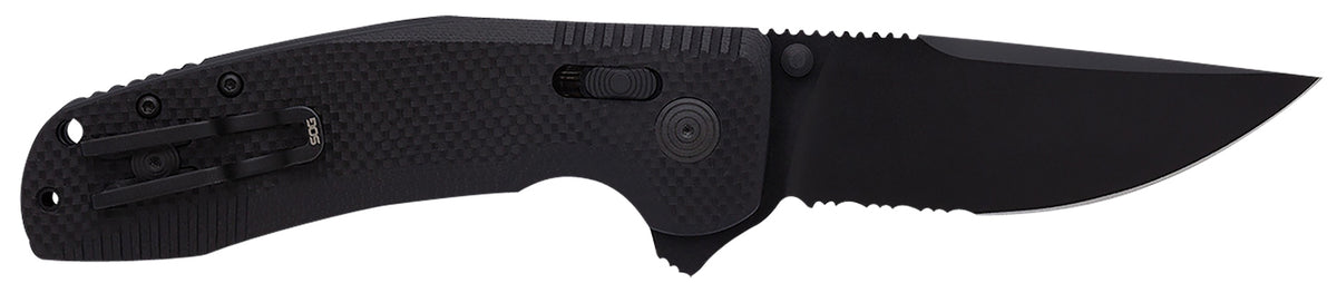 SOG SOG-TAC XR 3.39" Part Serrated Clip Point Folding Knife Black TiNi Cryo D2 Steel Blade Blackout G10 Handle Includes Pocket Clip