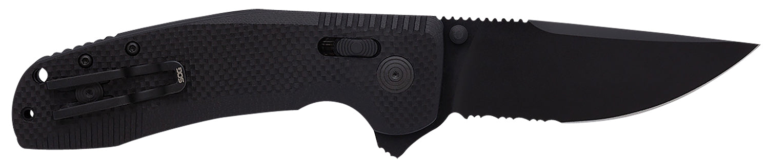 SOG SOG-TAC XR 3.39" Part Serrated Clip Point Folding Knife Black TiNi Cryo D2 Steel Blade Blackout G10 Handle Includes Pocket Clip