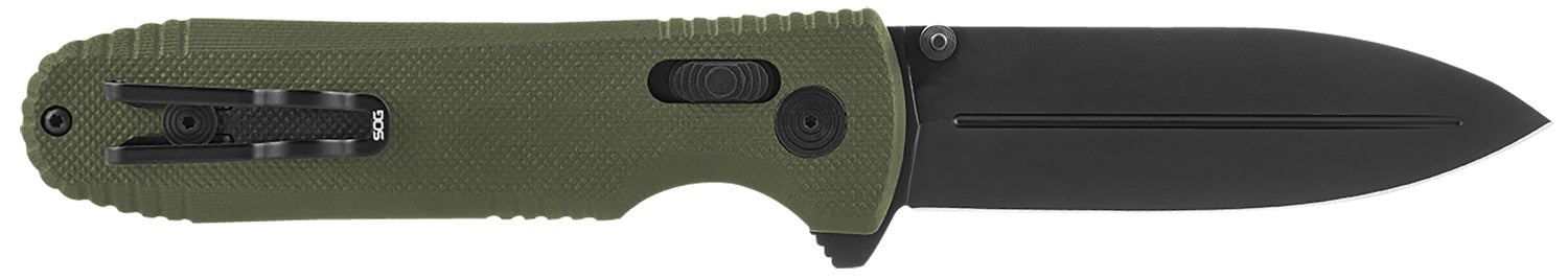 SOG Pentagon XR 3.60" Plain Spear Point Folding Knife Black TiNi Cryo CTS XHP Blade OD Green G10 Handle Includes Pocket Clip
