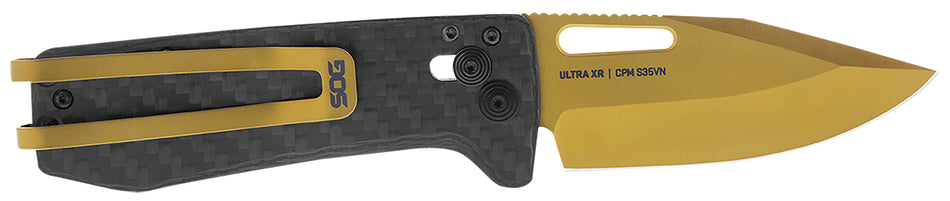 SOG Ultra XR 2.80" Plain Clip Point Folding Knife Gold TiNi Cryo S35VN Steel Blade Textured Black Carbon Fiber Handle Includes Pocket Clip