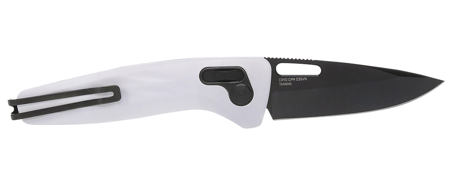 SOG One-Zero XR 3.10" Black Chrome Cryo CPM S35VN Blade Folding Knife White Sculpted Aluminum Handle