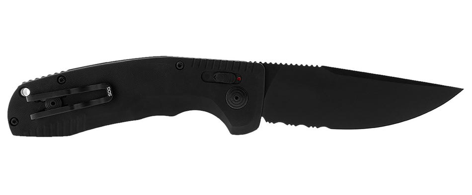 SOG SOG15380257 SOG-TAC Auto 3.43" Folder Partially Serrated Black TiNi D2 Steel Blade Black Aluminum Handle