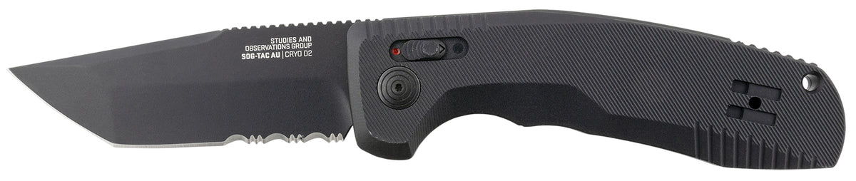 SOG SOG15380457 SOG-TAC Auto 3.43" Tanto Folder Part Serrated Black TiNi D2 Steel Blade Black Aluminum Handle w/ Clip