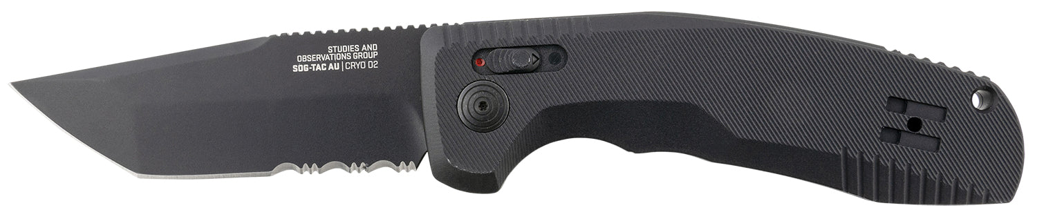 SOG SOG15380457 SOG-TAC Auto 3.43" Tanto Folder Part Serrated Black TiNi D2 Steel Blade Black Aluminum Handle w/ Clip