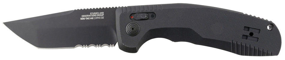 SOG SOG15380457 SOG-TAC Auto 3.43" Tanto Folder Part Serrated Black TiNi D2 Steel Blade Black Aluminum Handle w/ Clip