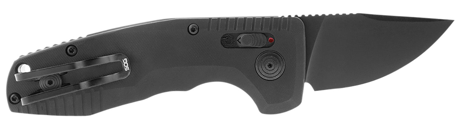 SOG SOG15381157 SOG-TAC Auto Compact 1.96" CA Straight Back Plain Black TiNi D2 Steel Blade Black Aluminum Handle w/ Clip
