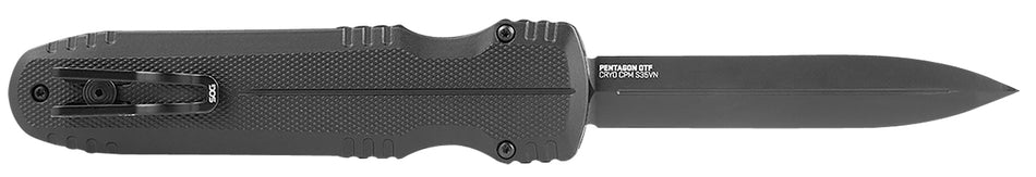 SOG SOG15610157 Pentagon 3.79" OTF Knife Spear Point Plain Black TiNi Cryo CPM S35VN Steel Blade Blackout Aluminum Handle