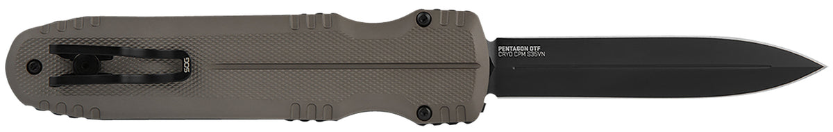 SOG SOG15610257 Pentagon 3.79" OTF Knife Spear Point Plain Black TiNi Cryo CPM S35VN Blade FDE Aluminum Handle