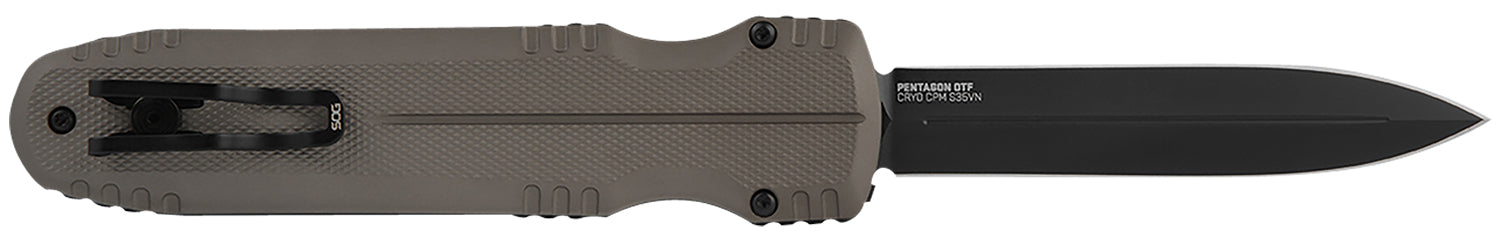 SOG SOG15610257 Pentagon 3.79" OTF Knife Spear Point Plain Black TiNi Cryo CPM S35VN Blade FDE Aluminum Handle