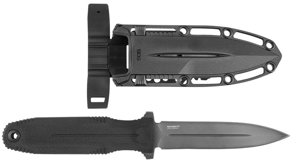 SOG SOG17610157 Pentagon FX 4.77" Fixed Spear Point Black Titanium Nitride S35VN Blade, G10 Blackout Handle, Sheath Included