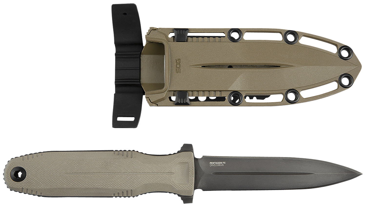 SOG SOG17610257 Pentagon FX 4.77" Fixed Spear Point Black Titanium Nitride S35VN Blade, G10 FDE Handle, Sheath Included