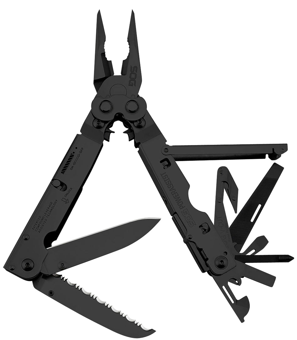 SOG SOGB66NCP PowerAssist 16-Tool Black Oxide Stainless Multi-Tool 7" Dual SAT Blades, Nylon Sheath