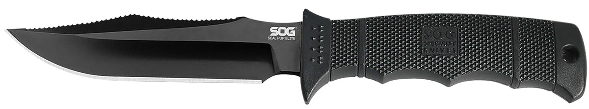 SOG Seal Pup Elite 4.85" Fixed Blade Plain Clip Point Black TiNi Hardcased AUS-8A SS Black GRN Handle Ergonomic Grip Lanyard and Sheath