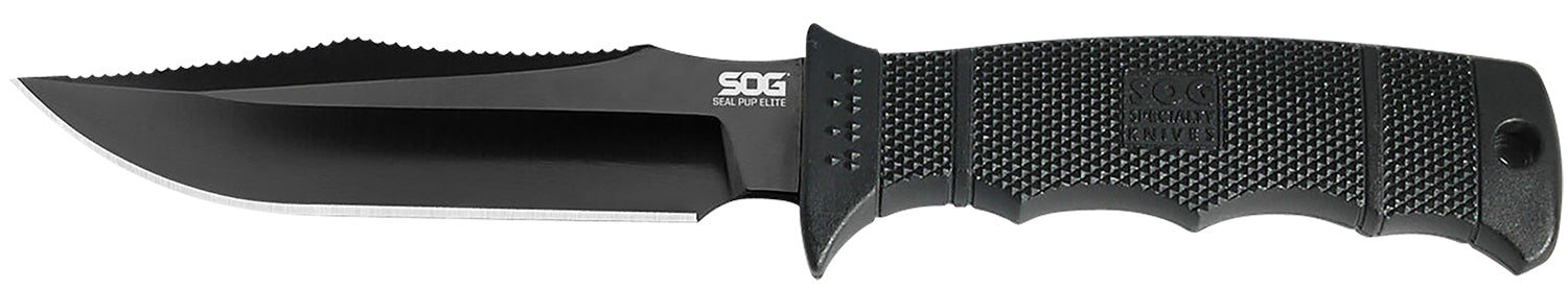 SOG Seal Pup Elite 4.85" Fixed Blade Plain Clip Point Black TiNi Hardcased AUS-8A SS Black GRN Handle Ergonomic Grip Lanyard and Sheath