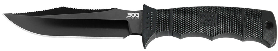 SOG Seal Pup Elite 4.85" Fixed Blade Plain Clip Point Black TiNi Hardcased AUS-8A SS Black GRN Handle Ergonomic Grip Lanyard and Sheath