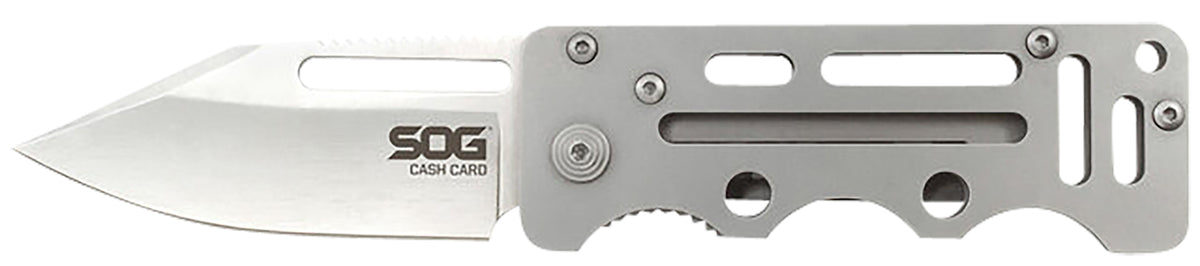 SOG Cash Card 2.75" Slim Folding Clip Point Plain Satin 8Cr13MoV Stainless Blade Silver Skeletonized Handle with Liner Lock