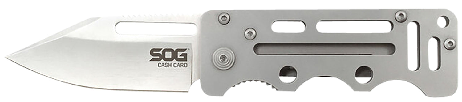 SOG Cash Card 2.75" Slim Folding Clip Point Plain Satin 8Cr13MoV Stainless Blade Silver Skeletonized Handle with Liner Lock