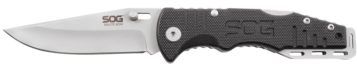SOG Salute Mini 3.10" Folding Plain Clip Point 8Cr13MoV Stainless Bead Blasted Blade Black G10 Handle Lockback Removable Pocket Clip