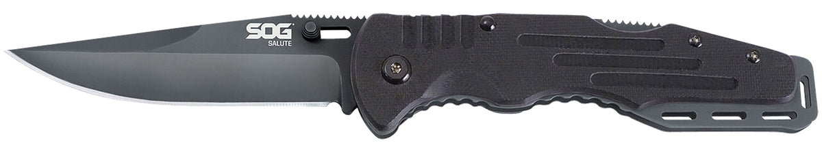 SOG Salute 3.62" Folding Plain Clip Point Black Hardcased 8Cr13MoV Stainless Blade Black G10 Handle Lockback Belt Clip Included