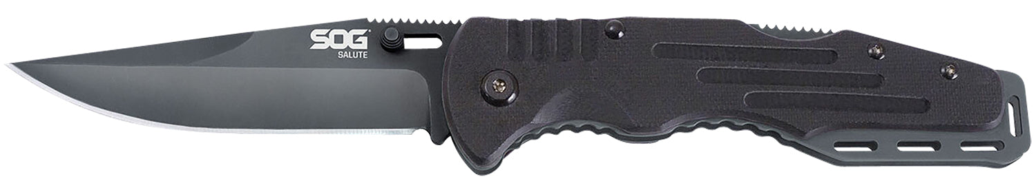 SOG Salute 3.62" Folding Plain Clip Point Black Hardcased 8Cr13MoV Stainless Blade Black G10 Handle Lockback Belt Clip Included