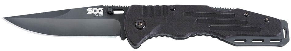 SOG Salute 3.62" Folding Plain Clip Point Black Hardcased 8Cr13MoV Stainless Blade Black G10 Handle Lockback Belt Clip Included