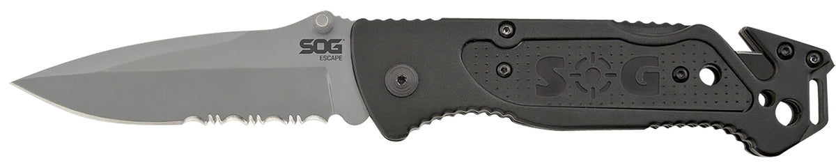 SOG Escape 3.40" Folding Part Serrated Clip Point Bead Blasted 9Cr18MoV Stainless Black Anodized Aluminum Handle with Glass Breaker and Belt Clip