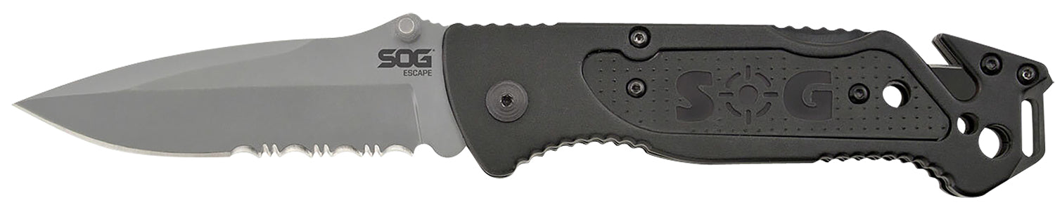 SOG Escape 3.40" Folding Part Serrated Clip Point Bead Blasted 9Cr18MoV Stainless Black Anodized Aluminum Handle with Glass Breaker and Belt Clip