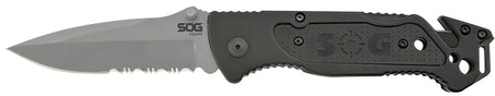 SOG Escape 3.40" Folding Part Serrated Clip Point Bead Blasted 9Cr18MoV Stainless Black Anodized Aluminum Handle with Glass Breaker and Belt Clip