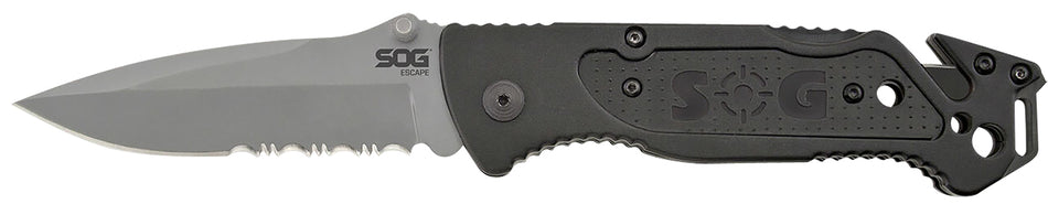 SOG Escape 3.40" Folding Part Serrated Clip Point Bead Blasted 9Cr18MoV Stainless Black Anodized Aluminum Handle with Glass Breaker and Belt Clip