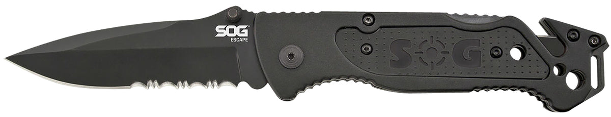 SOG Escape 3.40" Folding Part Serrated Clip Point Black Hardcased 9Cr18MoV Stainless Black Anodized Aluminum Handle Glass Breaker and Belt Clip