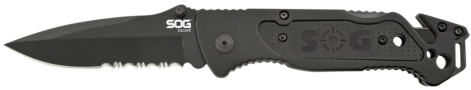 SOG Escape 3.40" Folding Part Serrated Clip Point Black Hardcased 9Cr18MoV Stainless Black Anodized Aluminum Handle Glass Breaker and Belt Clip