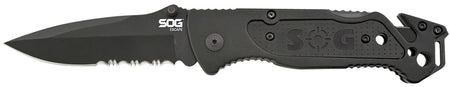 SOG Escape 3.40" Folding Part Serrated Clip Point Black Hardcased 9Cr18MoV Stainless Black Anodized Aluminum Handle Glass Breaker and Belt Clip