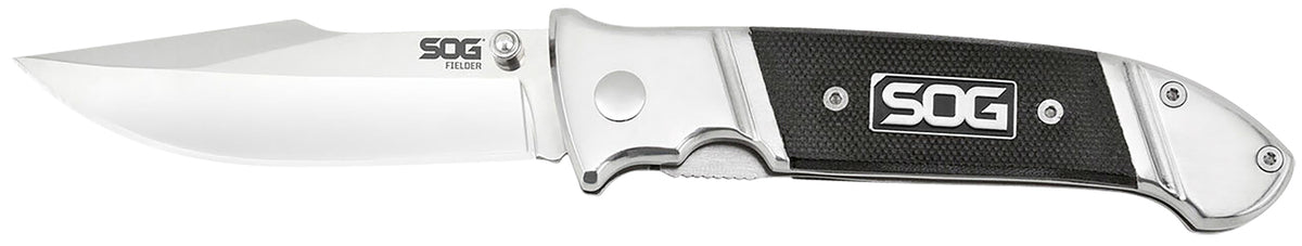 SOG Fielder 3.30" Folding Clip Point Plain Satin Finish 7Cr17MoV Stainless Steel Blade Black G10 Handle Ambidextrous Open Belt Clip