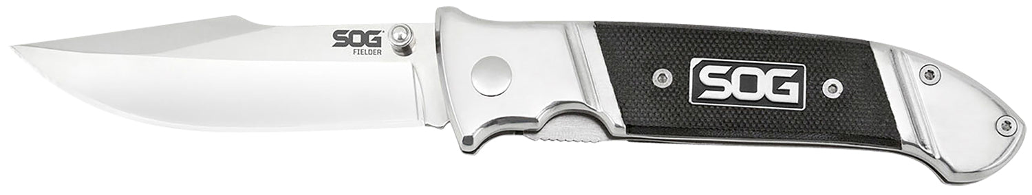SOG Fielder 3.30" Folding Clip Point Plain Satin Finish 7Cr17MoV Stainless Steel Blade Black G10 Handle Ambidextrous Open Belt Clip