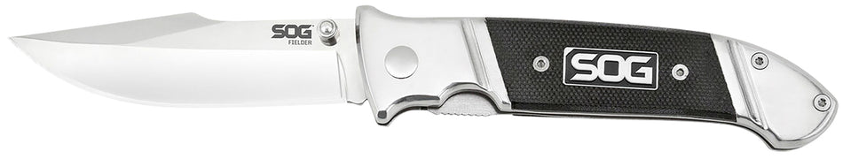 SOG Fielder 3.30" Folding Clip Point Plain Satin Finish 7Cr17MoV Stainless Steel Blade Black G10 Handle Ambidextrous Open Belt Clip