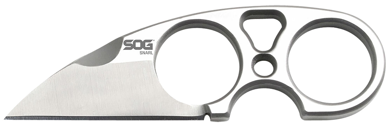SOG Snarl 2.30" Fixed Sheepsfoot Satin 9Cr18MoV Stainless Blade Silver Stainless Handle Quarter-Inch Steel Neck Knife Versatile Carry Sheath