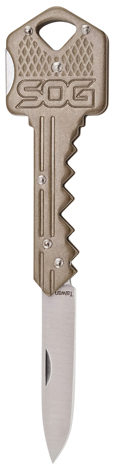 SOG Key Folding Knife 1.50" Drop Point Plain Satin 5Cr13MoV Stainless Blade Brass Stainless Steel Handle Key Ring Carry