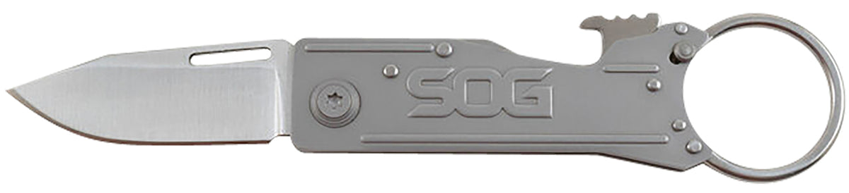 SOG KeyTron Folding Pocket Knife 1.80" Grey 5Cr13MoV SS Clip Point Blade Grey Stainless Steel Handle with Bottle Opener
