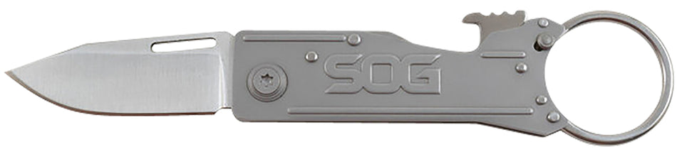 SOG KeyTron Folding Pocket Knife 1.80" Grey 5Cr13MoV SS Clip Point Blade Grey Stainless Steel Handle with Bottle Opener