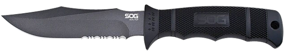 SOG Seal Pup 4.75" Fixed Clip Point Part Serrated Powder Coated AUS-8A Stainless Blade Black Raised Diamond GRN Handle with Lanyard and Sheath