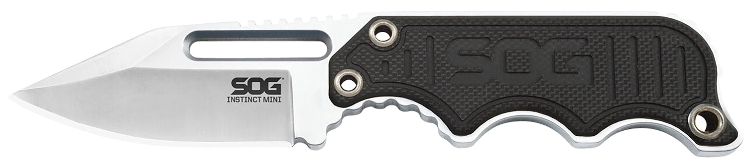 SOG Instinct Mini Fixed Neck Knife 1.90" Satin Polished 5Cr15MoV Clip Point Blade Black/Silver G10 Handle & Nylon Sheath