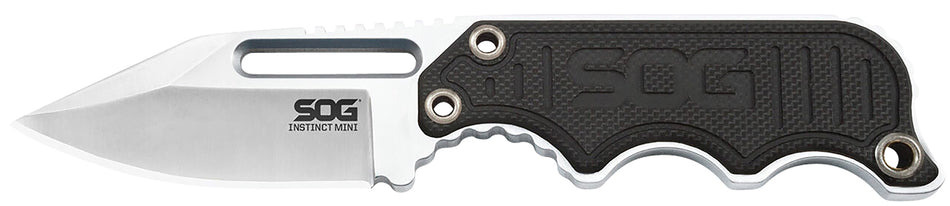SOG Instinct Mini Fixed Neck Knife 1.90" Satin Polished 5Cr15MoV Clip Point Blade Black/Silver G10 Handle & Nylon Sheath