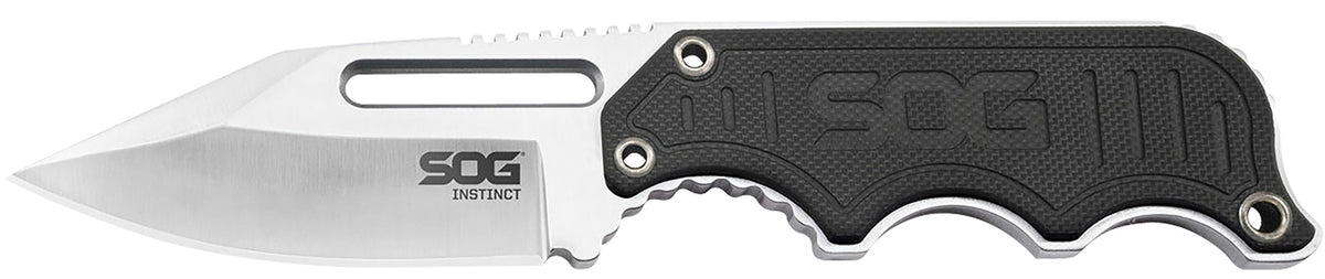 SOG Instinct Fixed Neck Knife 2.30" Satin Polished 5Cr15MoV Clip Point Blade Black/Silver G10 Handle & Hard Nylon Sheath