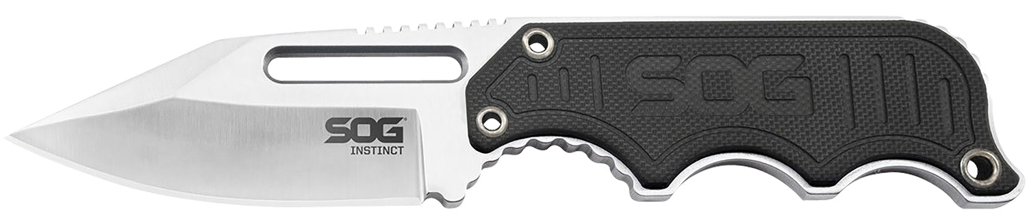 SOG Instinct Fixed Neck Knife 2.30" Satin Polished 5Cr15MoV Clip Point Blade Black/Silver G10 Handle & Hard Nylon Sheath