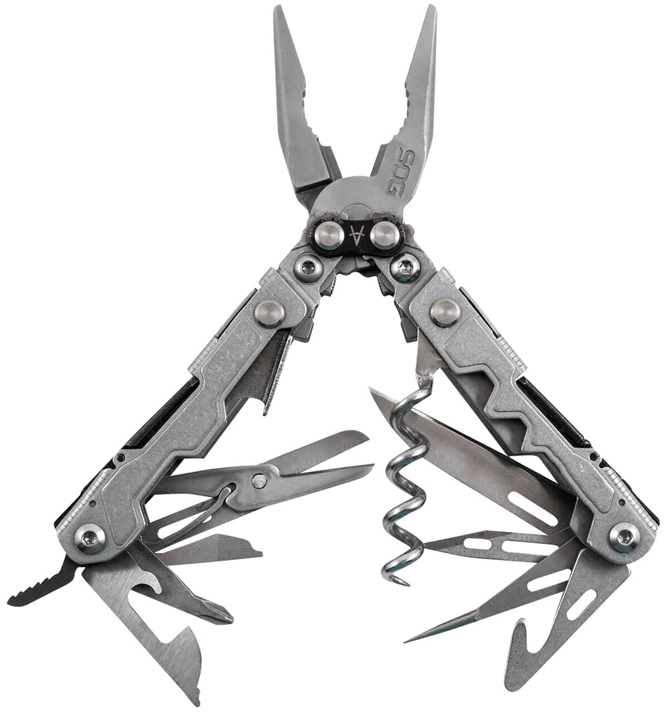 SOG PowerLitre Stonewashed Stainless Steel EDC Multi-Tool 5.10" Long 19 Tools Corkscrew & Compound Leverage