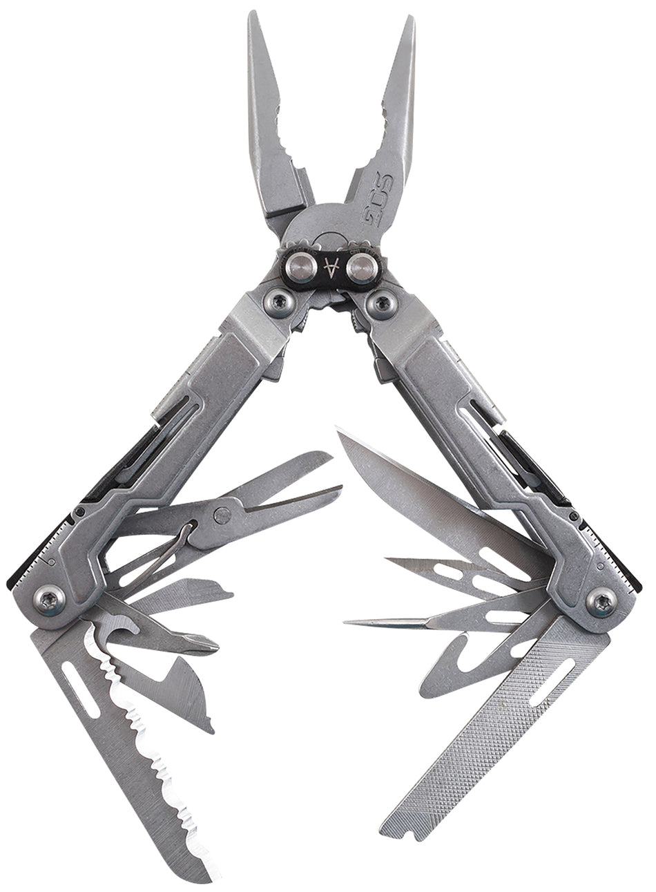 SOG PowerPint Stonewashed Stainless Steel EDC Multi-Tool 5" Long 18 Tools Compound Leverage Mechanism