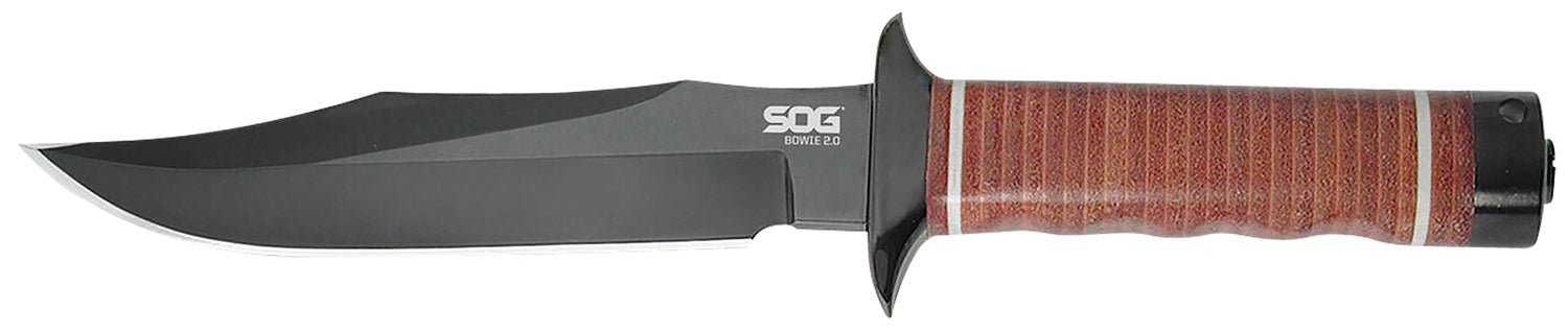 SOG Bowie 2.0 6.40" Fixed Blade Clip Point Knife with Black TiNi AUS-8 Blade and Brown Leather Washer Handle